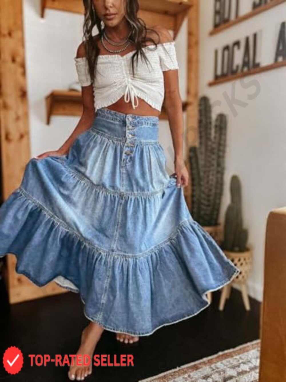 Women's High Waist Denim Maxi Skirt Button Boho Flowy Ruffle Swing A-Line Long - Picture 3 of 6